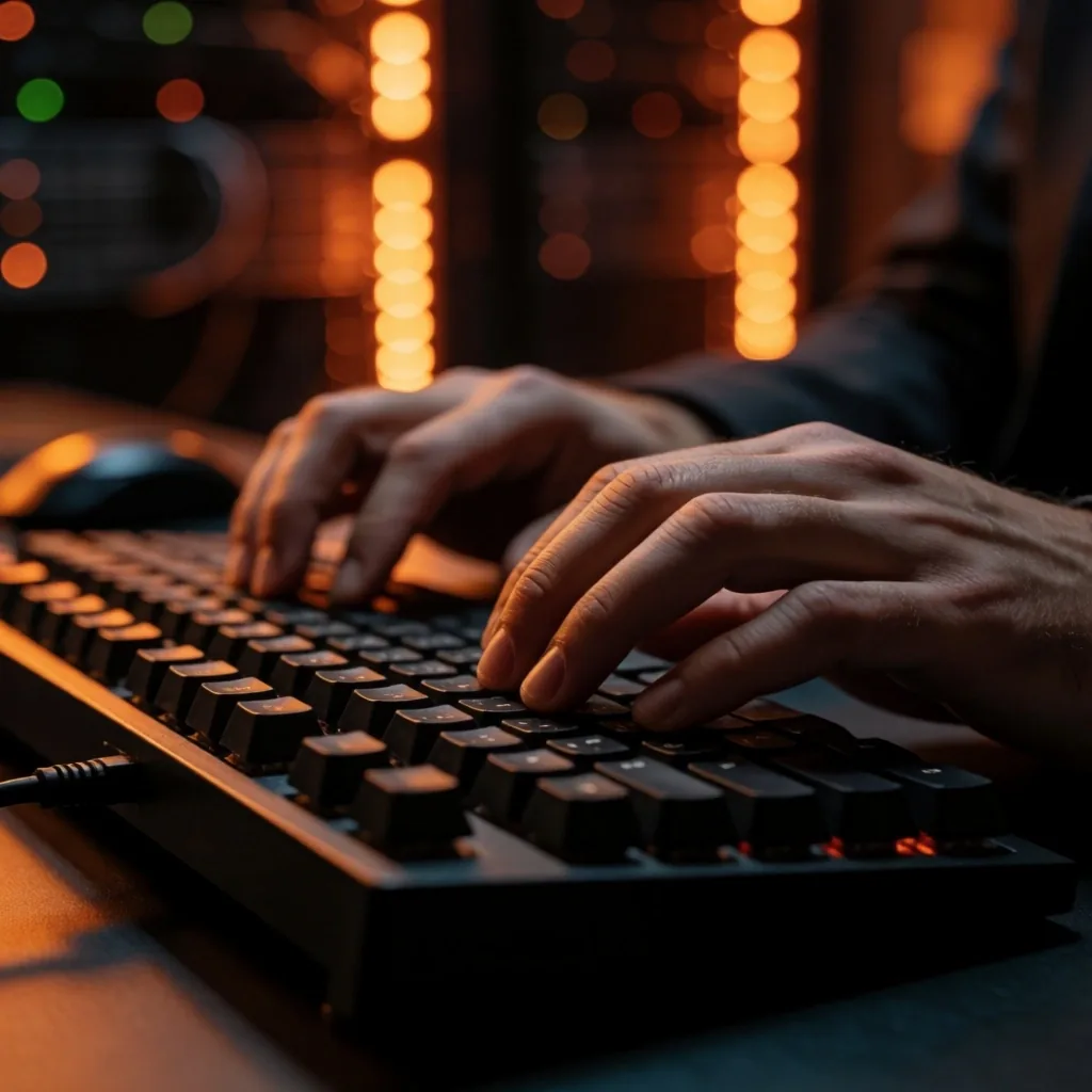 Estudiante escribiendo en un teclado mecánico en el laboratorio