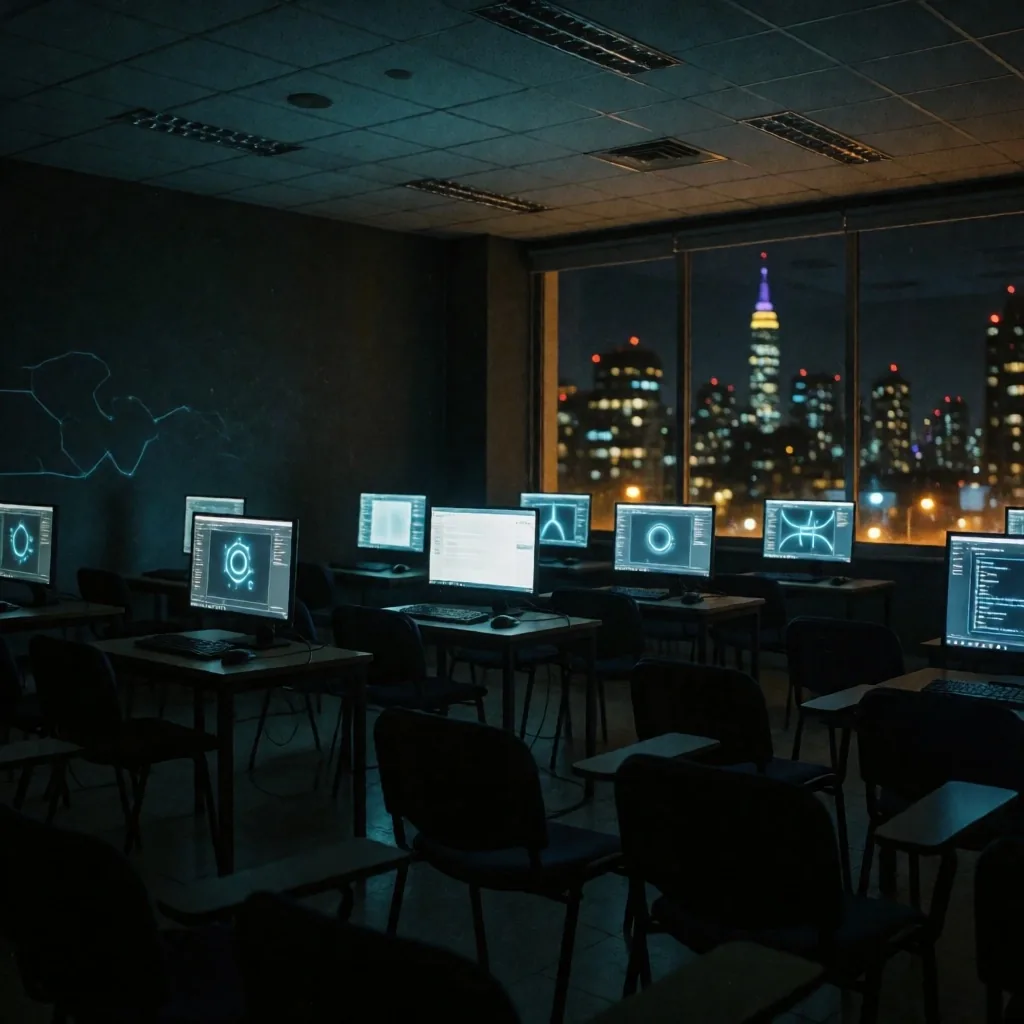 Aula de capacitación en ciberseguridad con monitores en Buenos Aires