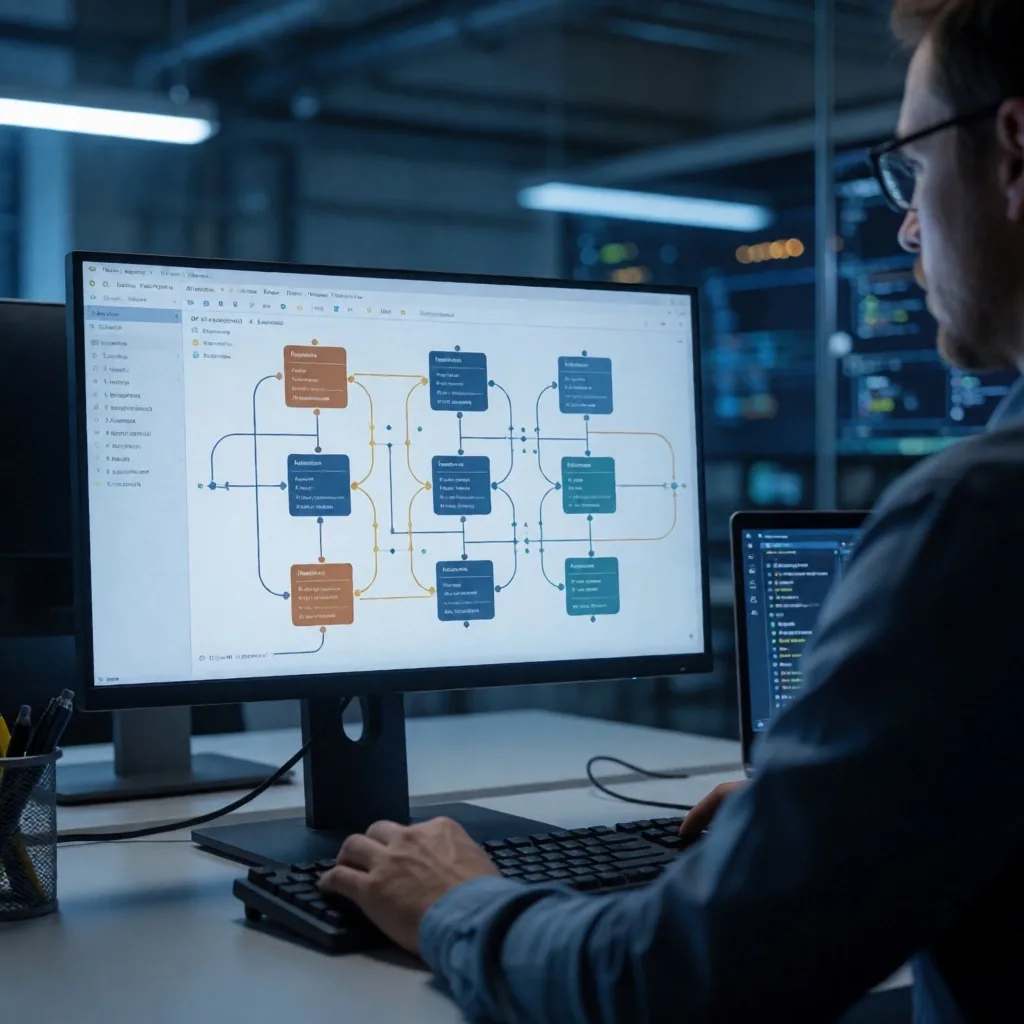 Diagrama de arquitectura de red segmentada en pantalla de monitoreo